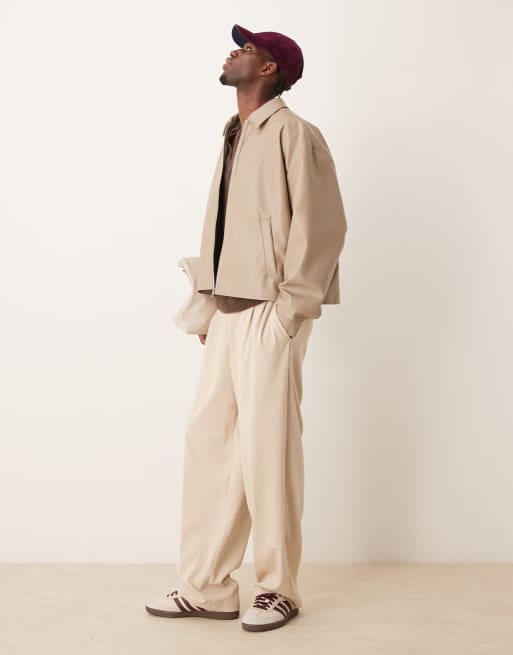 ASOS DESIGN faux leather cropped harrington jacket in beige