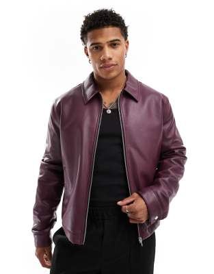 ASOS DESIGN ASOS DESIGN faux leather cropped harrington jacket in deep burgundy-Red