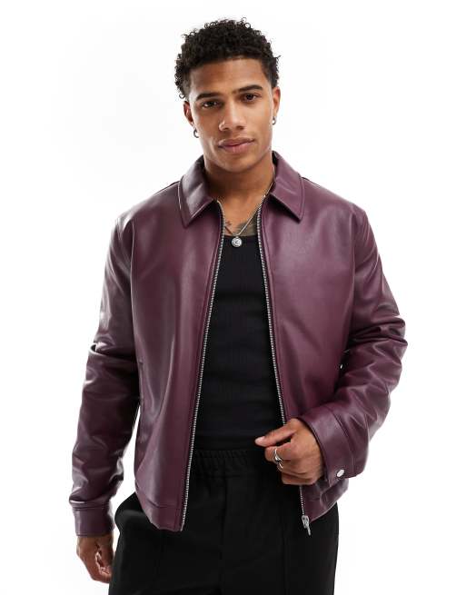 ASOS DESIGN faux leather cropped harrington jacket in deep burgundy