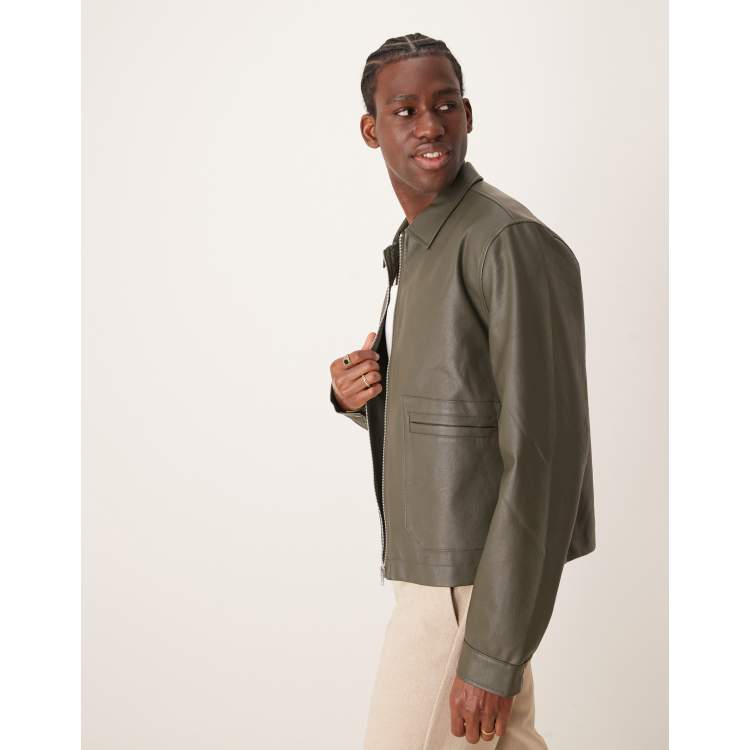 ジャケット・アウター PAIR SLOPE short leather Harrington jkt ASOS DESIGN faux leather cropped harrington jacket in khaki