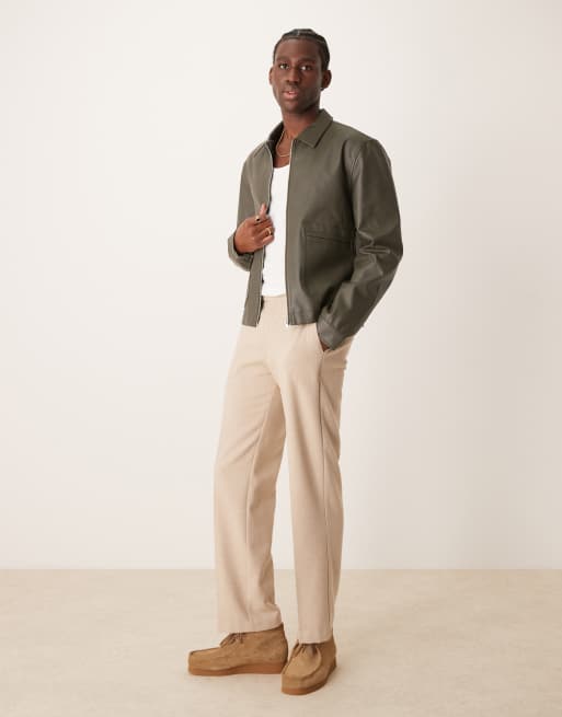 ASOS DESIGN faux leather cropped harrington jacket in khaki