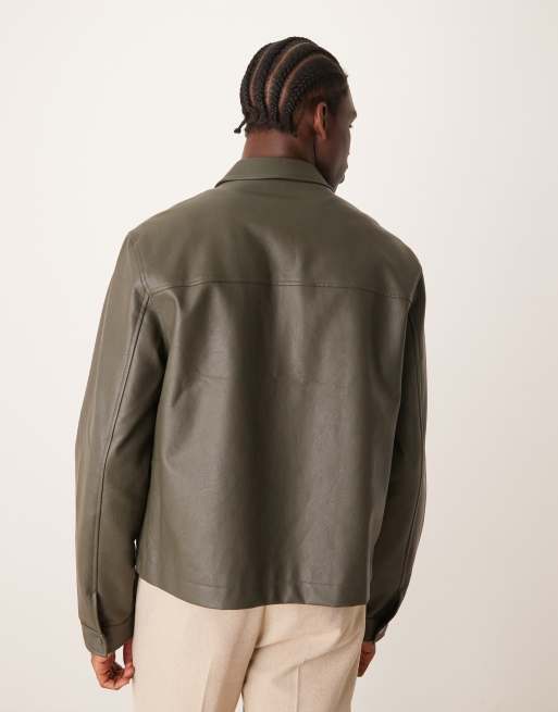 ASOS DESIGN faux leather cropped harrington jacket in khaki