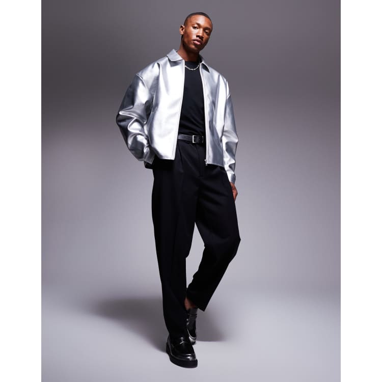 ASOS DESIGN faux leather cropped harrington jacket in