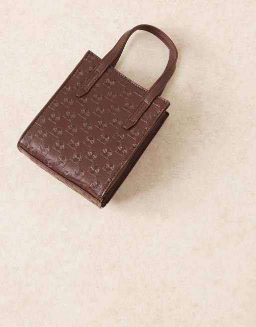 ASOS DESIGN faux leather cross body bag with monogram in brown, 2 of 4