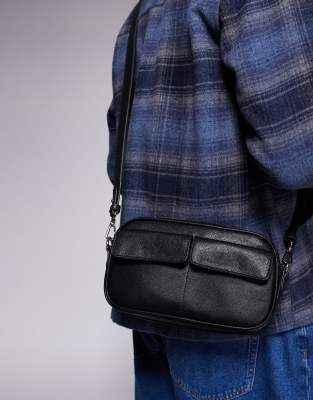 faux leather cross body bag with pockets in black