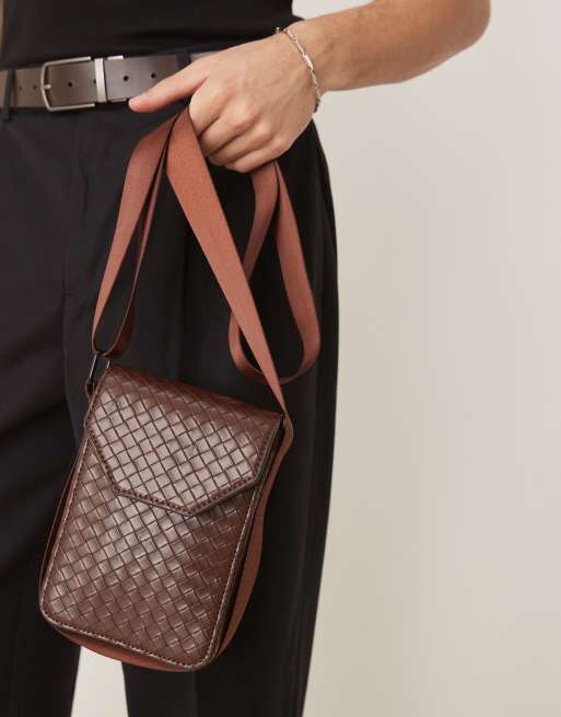 ASOS DESIGN faux leather cross body bag with woven texture in brown, 2 of 4