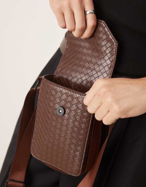 ASOS DESIGN faux leather cross body bag with woven texture in brown, 3 of 4
