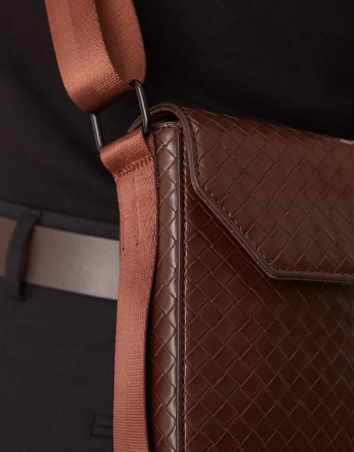 ASOS DESIGN faux leather cross body bag with woven texture in brown, 4 of 4