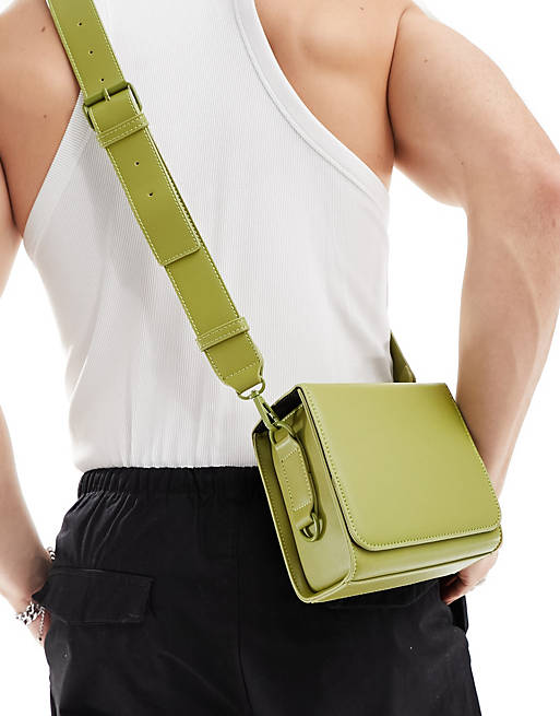 ASOS DESIGN faux leather cross body box bag in olive