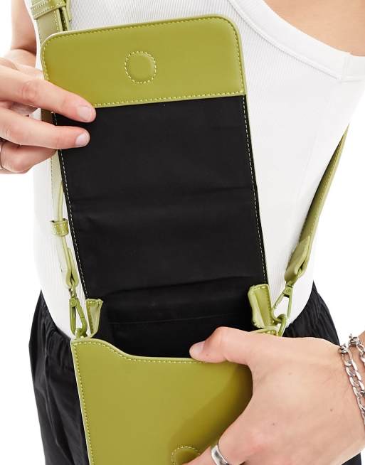 Check and Leather Zip Card Case in Olive Green - Women