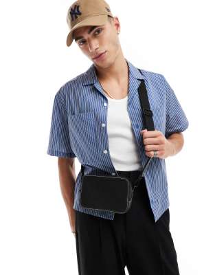 faux leather cross body camera bag in black with contrast stitch