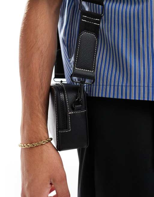 ASOS DESIGN faux leather cross body camera bag in black with contrast stitch, 3 of 4