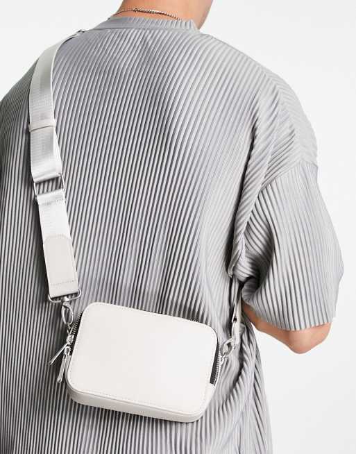 ASOS DESIGN faux leather croc crossbody camera bag in off white