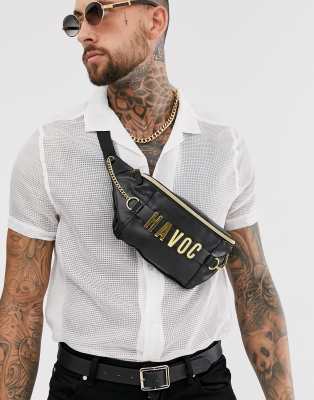 black fanny pack with gold chain