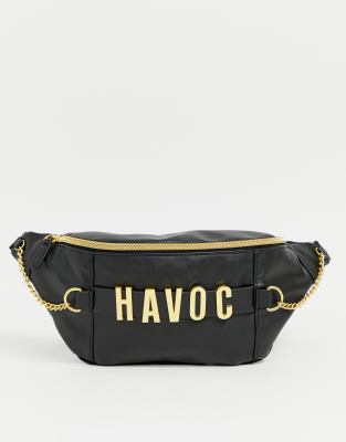 black fanny pack with gold chain