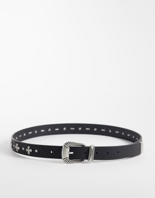 Asos Design Faux Leather Cross Studding Belt With Twisted Rope Texture Silver Buckle In Black