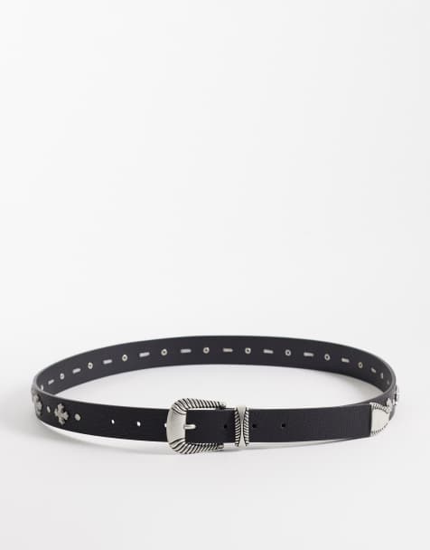 ASOS DESIGN faux leather cross studding belt with twisted rope texture silver buckle in black - view 1