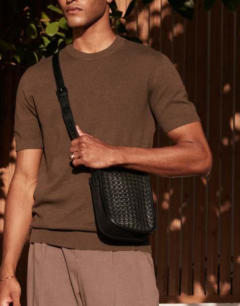 ASOS DESIGN faux leather crossbody bag with straw rattan detail in black - view 1