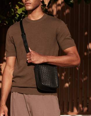 Asos Design Faux Leather Crossbody Bag With Straw Rattan Detail In Black