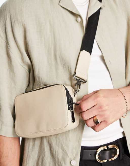 ASOS DESIGN faux leather croc crossbody camera bag in off white