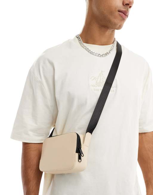 ASOS DESIGN faux leather croc crossbody camera bag in off white