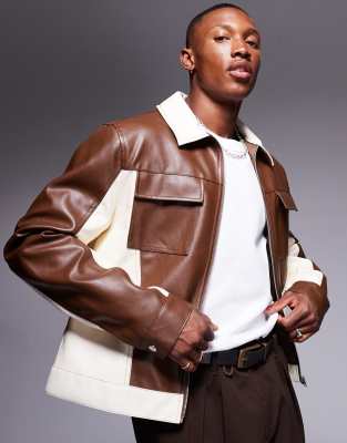 faux leather cut and sew harrington jacket in brown