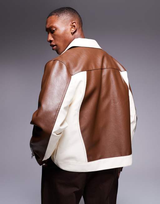 ASOS DESIGN faux leather cut and sew harrington jacket in brown, 2 of 4