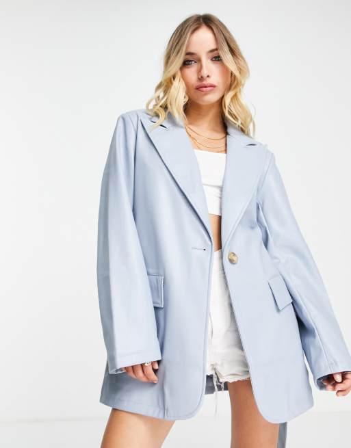 ASOS DESIGN faux leather dad blazer jacket in blue | ASOS