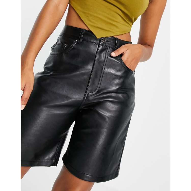 ASOS DESIGN faux leather 'dad' shorts in black