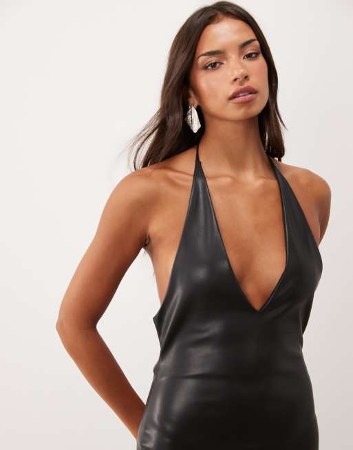 ASOS DESIGN faux leather deep plunge maxi dress in black, 4 of 4
