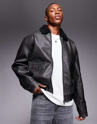 ASOS DESIGN ASOS DESIGN faux leather distressed flight jacket with borg collar in black