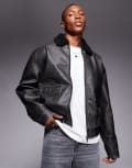 [ASOS DESIGN] ASOS DESIGN faux leather distressed flight jacket with borg collar in black XS BLACK