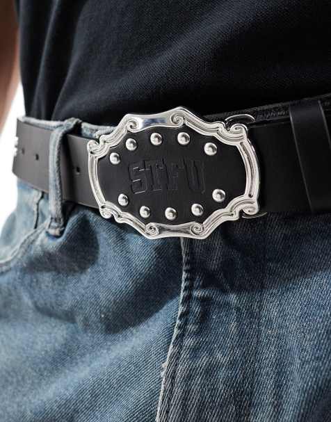 ASOS DESIGN faux leather embossed belt with statement buckle and studs in black - view 1
