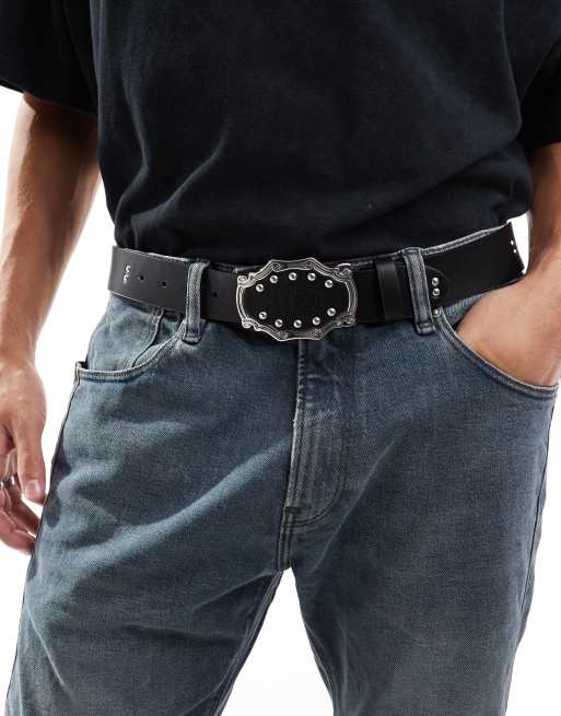 ASOS DESIGN faux leather embossed belt with statement buckle and studs in black, 4 of 4