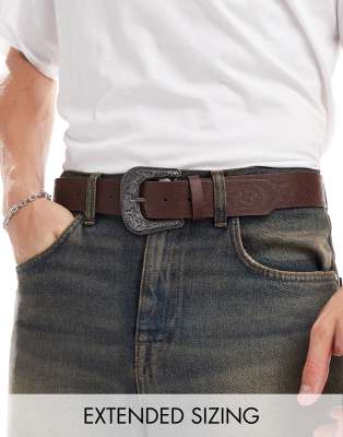 Asos Design Faux Leather Embossed Western Belt In Brown