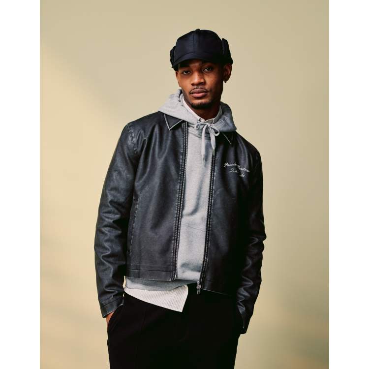 a*u様 FTC / LEATHER HARRINGTON JACKET Mens Real Leather Harrington Jacket Classic Zip Box Style