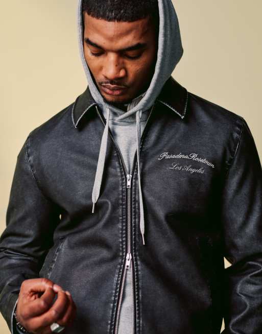 ASOS DESIGN faux leather embroidered harrington jacket in black