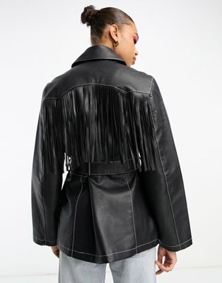 ASOS DESIGN faux leather festival fringe jacket in black