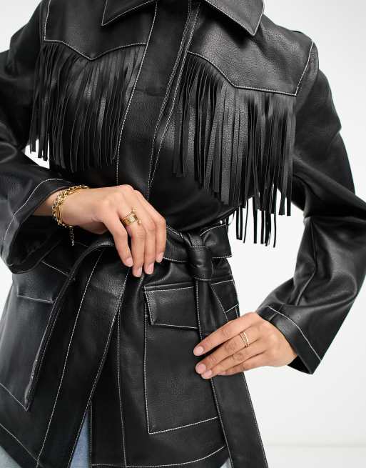 Parisian Faux Leather Fringe Trim Cropped Jacket in Black - ASOS Outlet