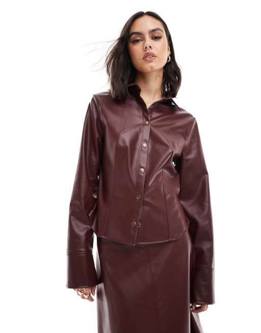 ASOS DESIGN faux leather fitted shirt in burgundy
