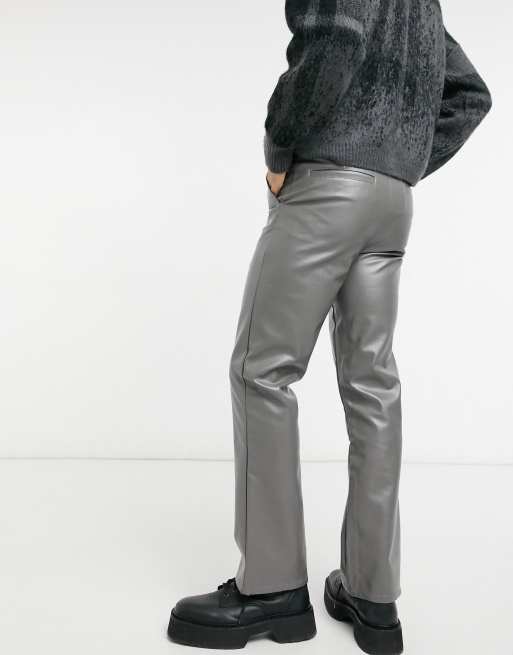 ASOS DESIGN Petite flare faux leather trouser in grey