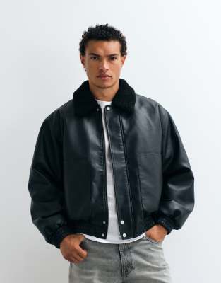 Asos Design Faux Leather Flight Jacket In Black