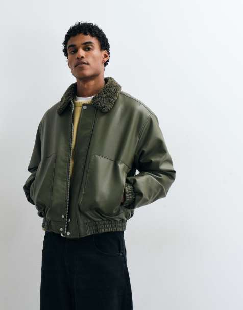 ASOS DESIGN faux leather flight jacket in green - view 1