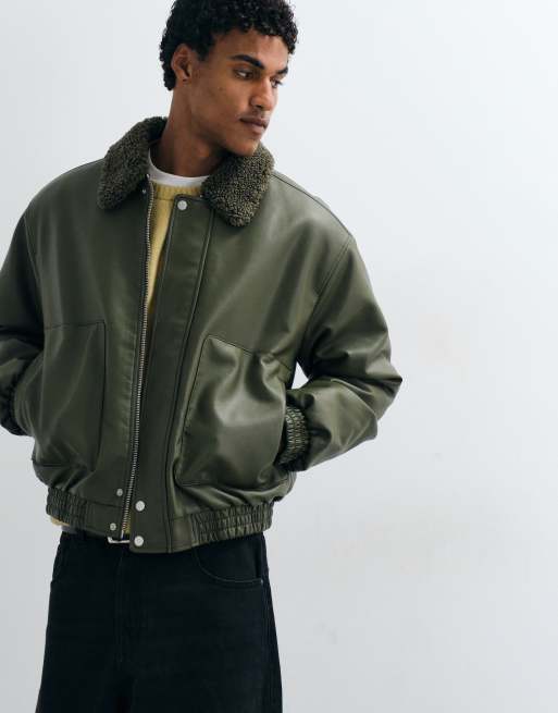 ASOS DESIGN faux leather flight jacket in green, 2 of 5