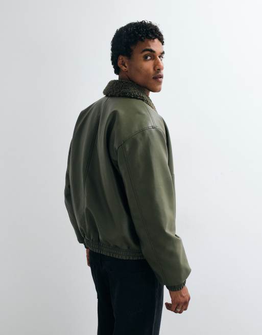 ASOS DESIGN faux leather flight jacket in green, 3 of 5