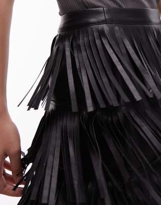 Asos Design Faux Leather Fringe Mini Skirt-black In Black