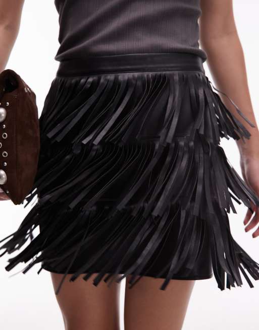ASOS DESIGN faux leather fringe mini skirt ASOS