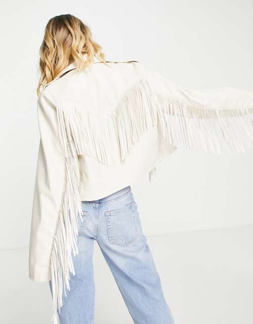 White Leather Fringe Jacket S