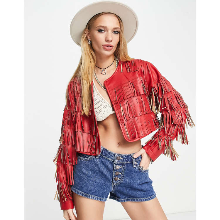 ASOS DESIGN faux leather fringed jacket in red