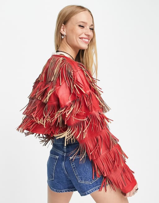 Red fringe leather on sale jacket